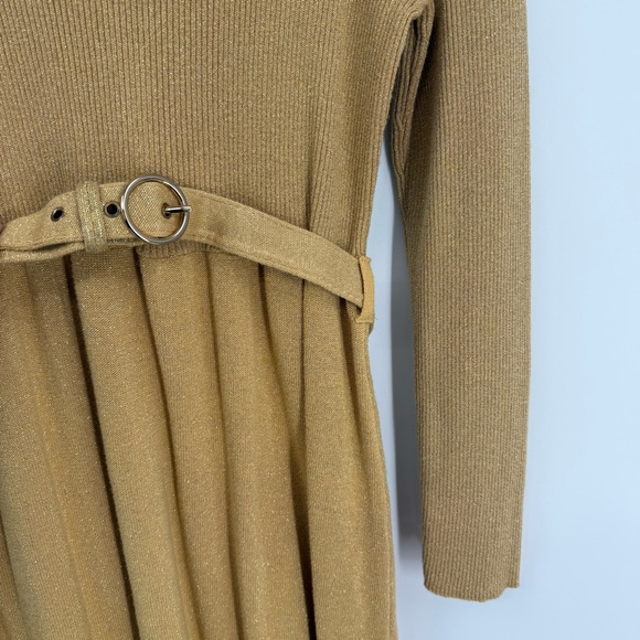 Free People French Girl Sweater Dress Size L Gold Shimmer Mock Neck Belted - Picture 7 of 13